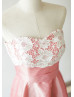 Strapless Ivory Lace Coral Taffeta Short Prom Dress